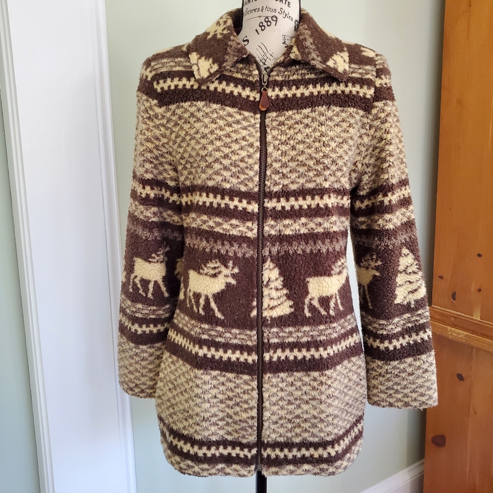 Vintage Cabincore Fleece Moose Zip Up Sweater Jacket